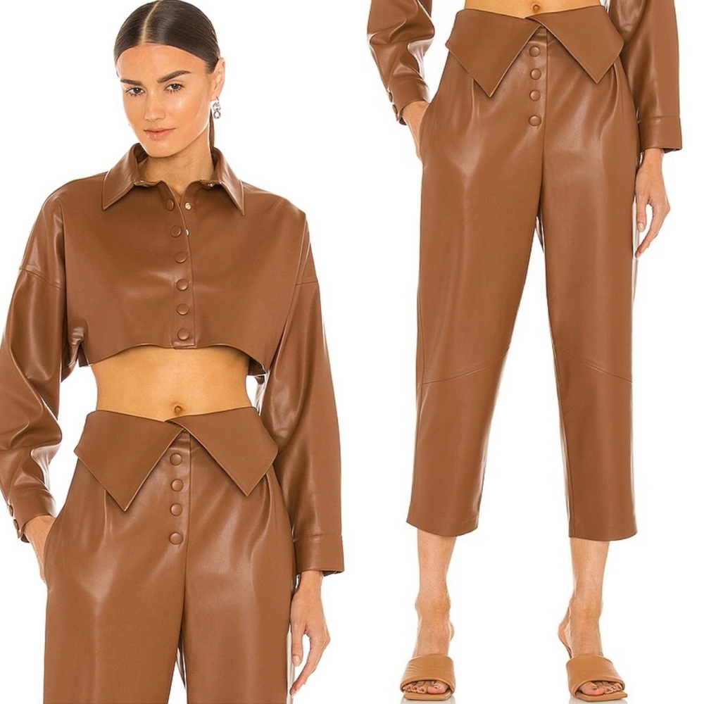 SELMACILEK Vegan Leather High Rise Pant & Crop Shirt Set in Brown